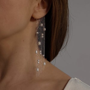 Tassel earrings silver Ear cuff, wrap earring dangle, chain earrings dangle  with freshwater pearls, ear cuff no piercing, wedding jewelry