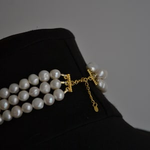 3 layer pearl choker necklace, layered pearl choker, pearl choker necklace multi strand, real pearl victoria choker, bridal pearl choker yellow gold
