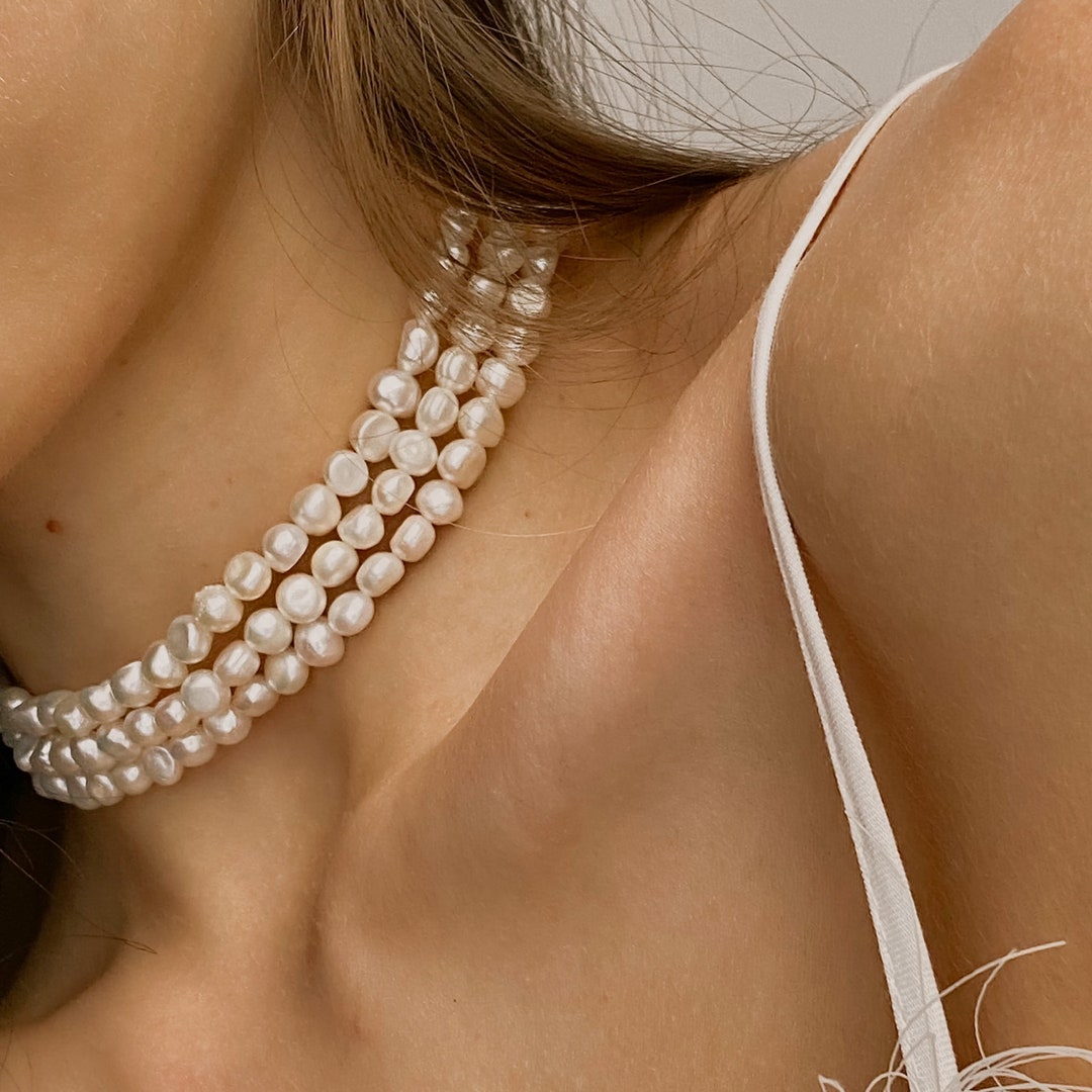 3 Layer Pearl Choker Necklace, Layered Pearl Choker, Pearl