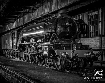 Flying Scotsman Steam Train Locomotive in the Shed Photographic Print or Canvas for Wall
