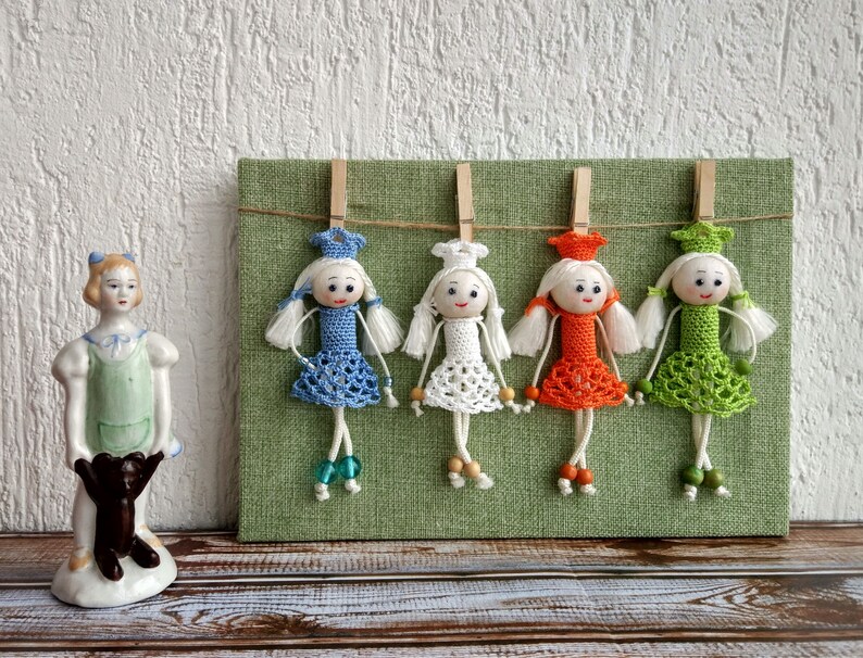 Colorful Dolls, Room Decor Delights, Wall Hanging, Wall Decor, Crochet Princesses, Girl Room, Knitted Girl, Handmade gift. wall art image 3