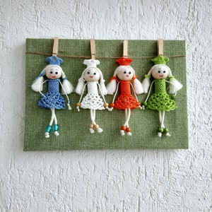 Colorful Dolls, Room Decor Delights, Wall Hanging, Wall Decor, Crochet Princesses, Girl Room, Knitted Girl, Handmade gift. wall art image 1