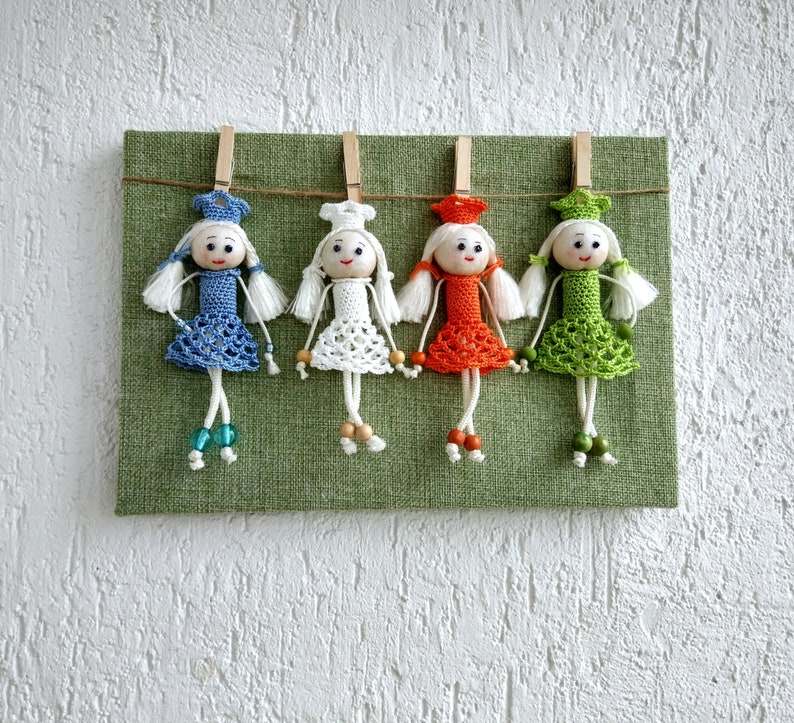 Colorful Dolls, Room Decor Delights, Wall Hanging, Wall Decor, Crochet Princesses, Girl Room, Knitted Girl, Handmade gift. wall art image 1