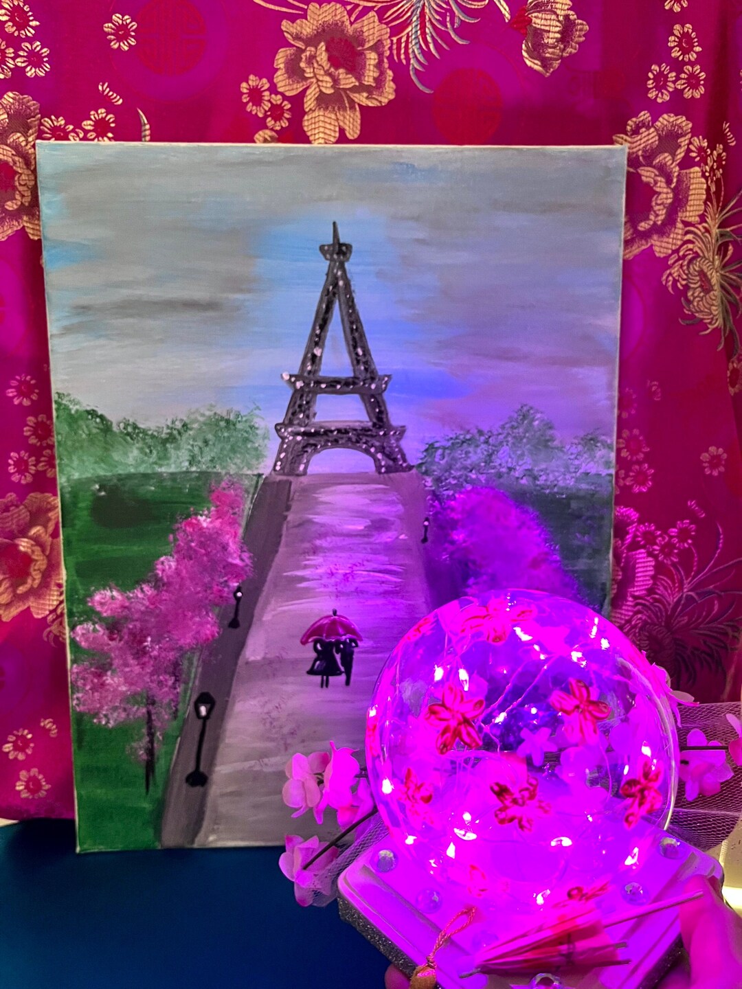 Paris Couple Canvas Painting, Eiffel Tower Painting, Cherry Blossom