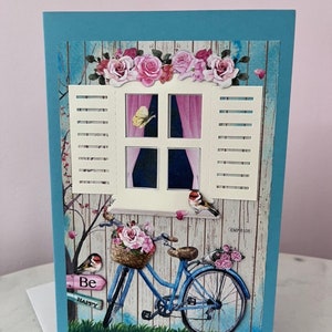 Carte de vœux de vélo floral 3D, carte de fenêtre, carte pour ami, 3 dimensions, jolie carte de fleur pour mère, carte de fleur, carte pour jardinier