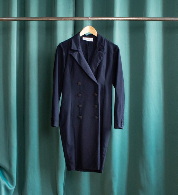 Vintage navy blue blazer dress / Fitted night blue