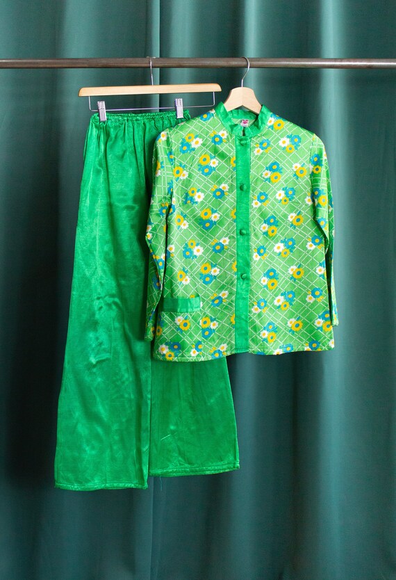 70's floral green vintage set / Satin pyjamas set