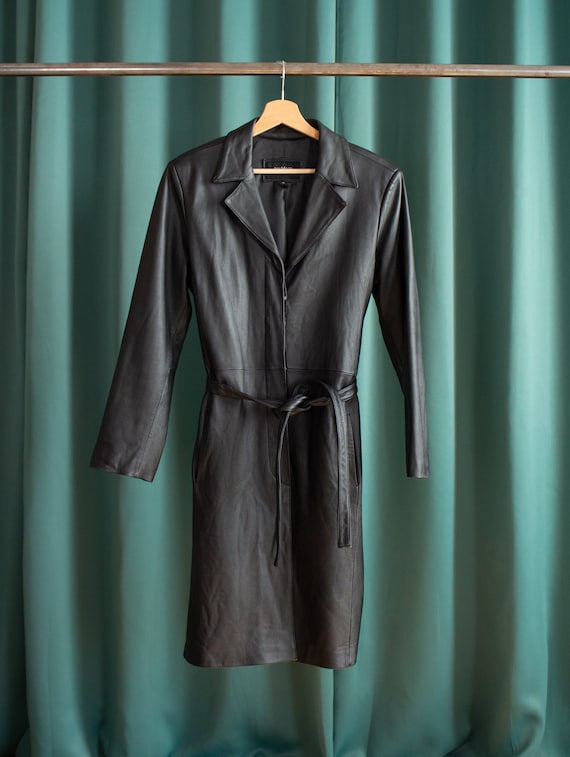 Vintage black leather long jacket / black leather