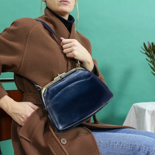 Navy Blue handbag / vintage style leatherette clutch hand bag / Navy Blue handbag with gold metal finish / ACC19-2