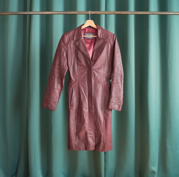 Vintage burgundy leather long jacket / Bordeaux le