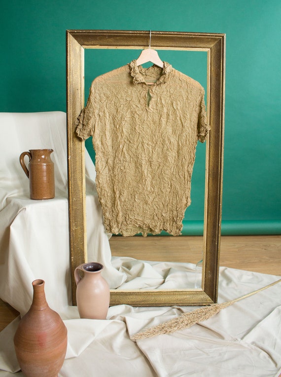 Issey Miyake Top Textured Crumpled Top With Short Sleeves Reversible Golden Beige T Shirt Issey Miyake Blouse Fche19 P E 3