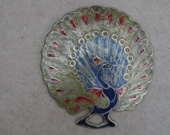 Yellow gold, red and blue vIntage brass painted peacock marked P130 India