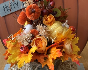 Pumpkin Floral Arrangement: Autumn Table Centerpiece, Leaves and Berries