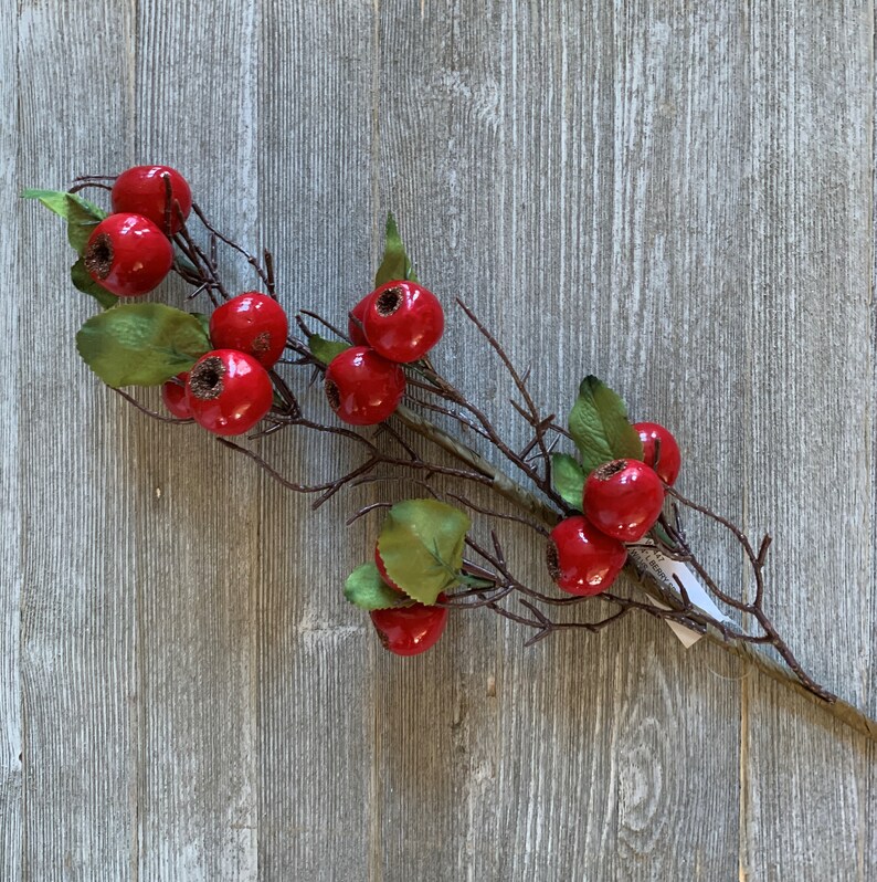 May include: A red berry sprig with green leaves. The berries are clustered together on the branches. The sprig is on a gray wooden background.