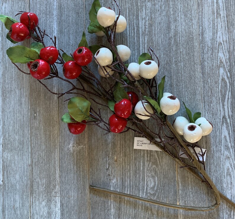 May include: A sprig of artificial berries with red and white berries. The berries are clustered together on a brown stem with green leaves.