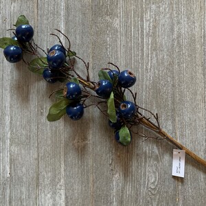 May include: A blue berry spray with a brown stem and green leaves. The spray has a tag attached to it that says "W7447 28"L DECORATIVE SPRAY".