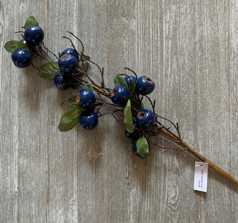May include: A blue berry spray with a brown stem and green leaves. The spray has a tag attached to it that says "W7447 28"L DECORATIVE SPRAY".