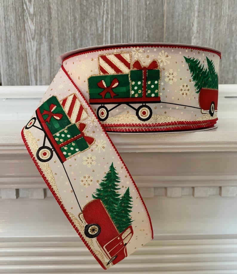 truck with trees ribbon Christmas Red Truck ribbon red truck in snow ribbon Christmas Rustic Truck ribbon Christmas gift wagon ribbon