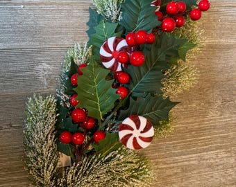 Christmas Berry & Peppermint Spray: Faux Holly Leaf Greenery, Festive Pine for Mantle