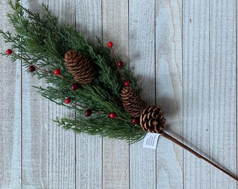 Faux Cedar Pinecone Berry Spray: Holiday Floral Arrangement Filler, Christmas Decoration, 24"