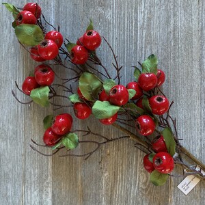 May include: A sprig of artificial red berries with green leaves on a brown wooden background. The sprig is about 30 inches long and has a tag that says "WF442 Red Berry Sprig 30"