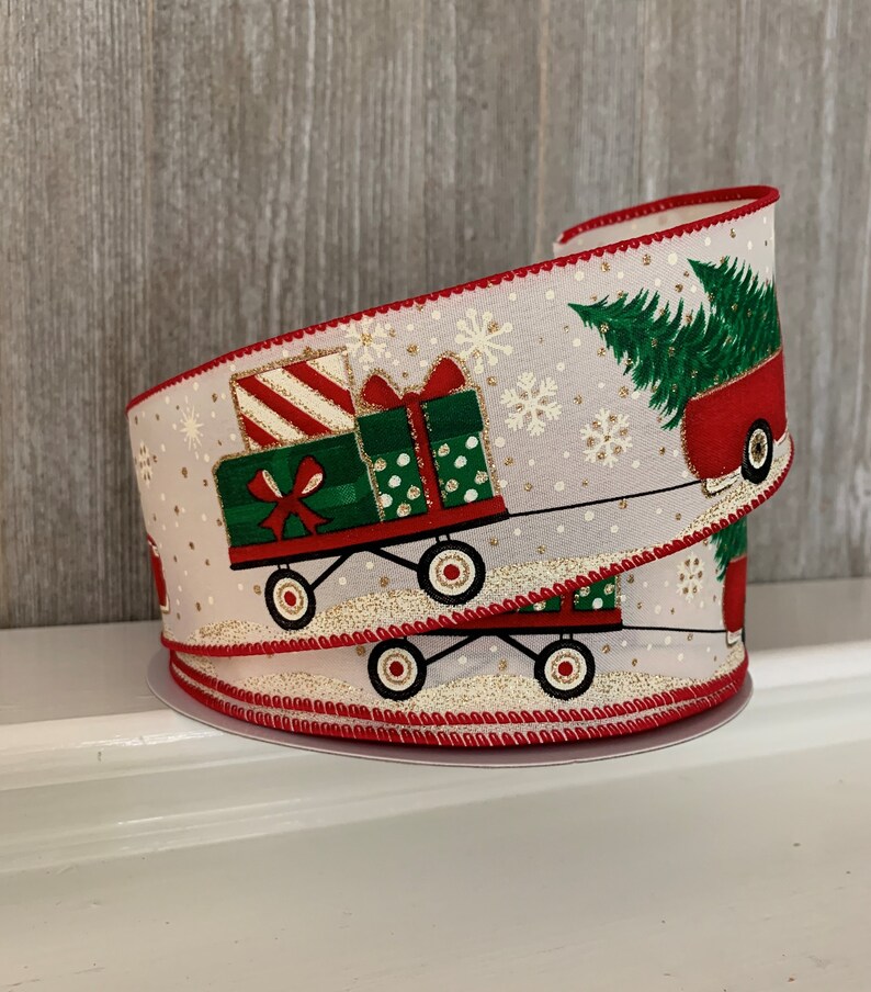 truck with trees ribbon Christmas Red Truck ribbon red truck in snow ribbon Christmas Rustic Truck ribbon Christmas gift wagon ribbon