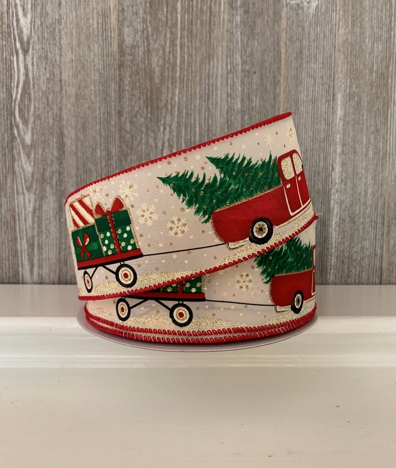 truck with trees ribbon Christmas Red Truck ribbon red truck in snow ribbon Christmas Rustic Truck ribbon Christmas gift wagon ribbon