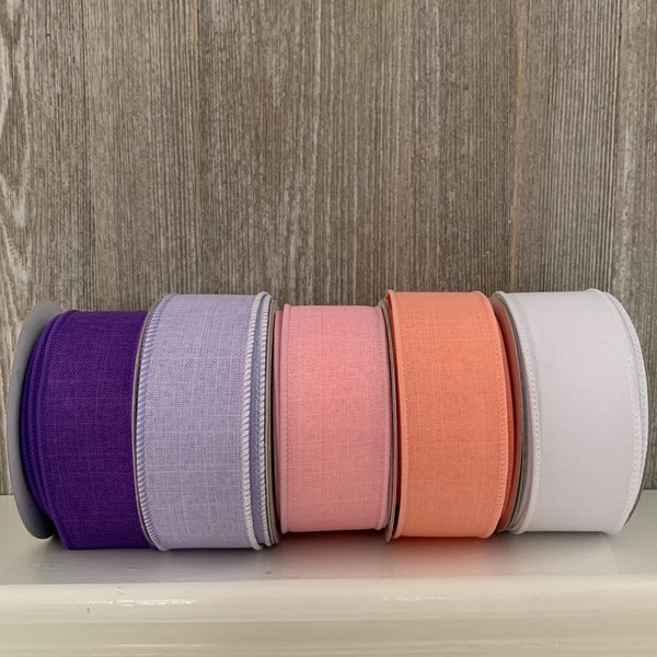 Colorful solidwired ribbon, Peach wire ribbon,Dk purple burlap ribbon,light purple royal burlap ribbon, light pink ribbon, white wire ribbon