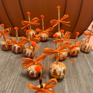 Fake Halloween candy corn apples, faux candy apple, realistic candy apple, Halloween displays, mini faux candy apples, Halloween decor