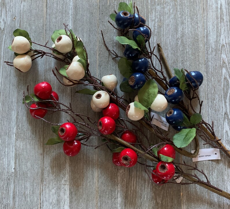 May include: A collection of artificial berry sprigs with red, white, and blue berries. The sprigs are arranged in a bouquet and are ready to be used in a craft project or home decor.