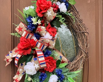 Memorial Day grapevine floral wreath: July 4th, Americana wreath, USA roses, Patriotic