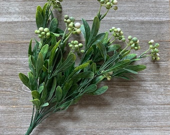 Artificial Berry Bush: Green and Cream Floral Filler, Faux Greenery