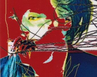 May include: Abstract painting with a red background and a blue and green figure with black lines. The figure has a white face with a green eye and a black line for a mouth.
