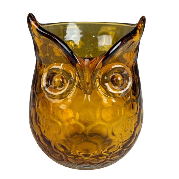 Honeycomb Amber Glass Owl Hand Blown Art Glass Vase