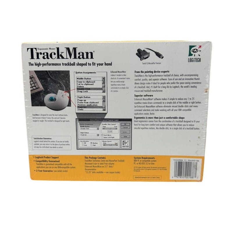 Logitech Trackman Ergonomic Mouse Model 4095 – Vintage Sealed Serial ...