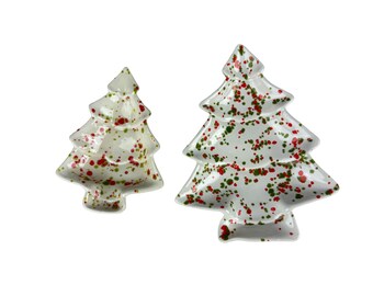 Lot of 2 Vintage Christmas Tree Ceramic Speckle Paint Candy Trinket Dishes MCM