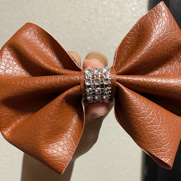 Faux Leather Hair Bow (Brown pebbled w/silver embellished center)