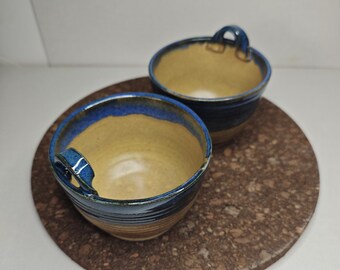 Blue and Beige Ceramic Bowls -  SET OF TWO. Soup Bowls, Salad Bowls, Cereal Bowls, Small Serving Bowls