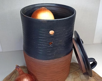 大型セラミック製ニンニク・タマネギキーパー、ブラック＆タンポテト