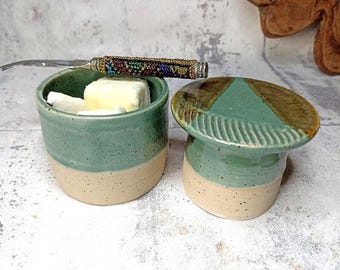 Pot à beurre en céramique fait main, pot à beurre français vert et marron, pot à beurre bleu et gris