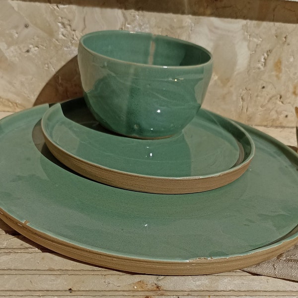 Ceramic Green Dinner Set. Three Piece Green Dinner Set. Dinner Plate. Side Plate. Soup, Salad or Dessert Bowl.