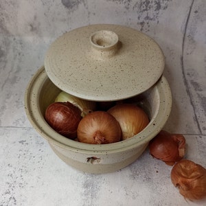 Beige Speckled Ceramic Garlic / Onion Keeper, Countertop Storage. Medium Sized Keeper