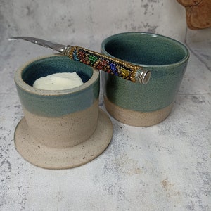 Blue / Green Ceramic Butter Crock. Blue French Butter Crock. Butter Server. French Butter Server.