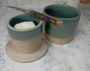 Blue / Green Ceramic Butter Crock. Blue French Butter Crock. Butter Server. French Butter Server.