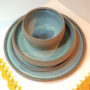 Ceramic Green Speckled Four Piece Dinner Set, Elegant Dinnerware Set, Dinner Plate, Side Plate, Soup Bowl, Dessert Bowl Set
