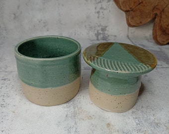 Ceramic Green and Brown Butter Crock. Green and Brown French Butter Crock, Butter Keeper, Butter Server