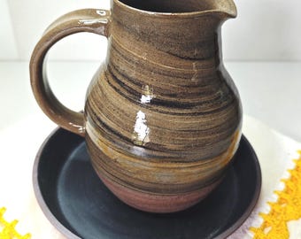 Handmade Black and White Marbled Ceramic Gravy Boat with Plate, Black and Brown Marbled Set,  Thanksgiving Server, Hostess Gift, Milk Jug