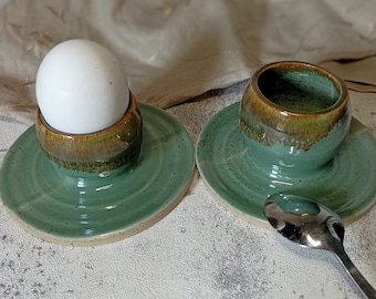 Green and Brown Ceramic Egg Cups  - SET OF TWO, Egg Holders with Attached Plate