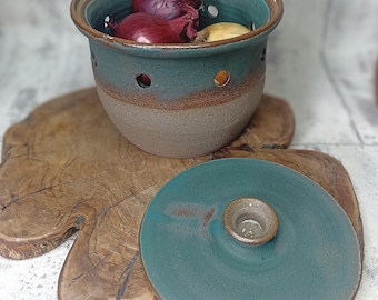 Matte Turquoise Ceramic Onion Keeper, Handmade Kitchen Storage
