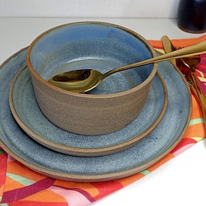 Ceramic Blue and Gray Three Piece Dinner Setting - Dinner Plate, Appetizer Plate, Soup or Salad Bowl